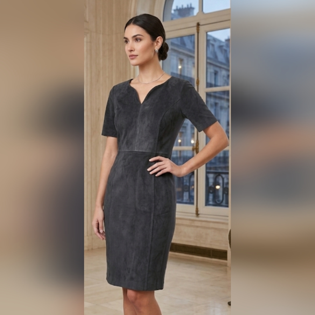 Nwt Elie Tahari Emily In Charcoal Mixed Media Suede Leather Sheath Dress 8 $898